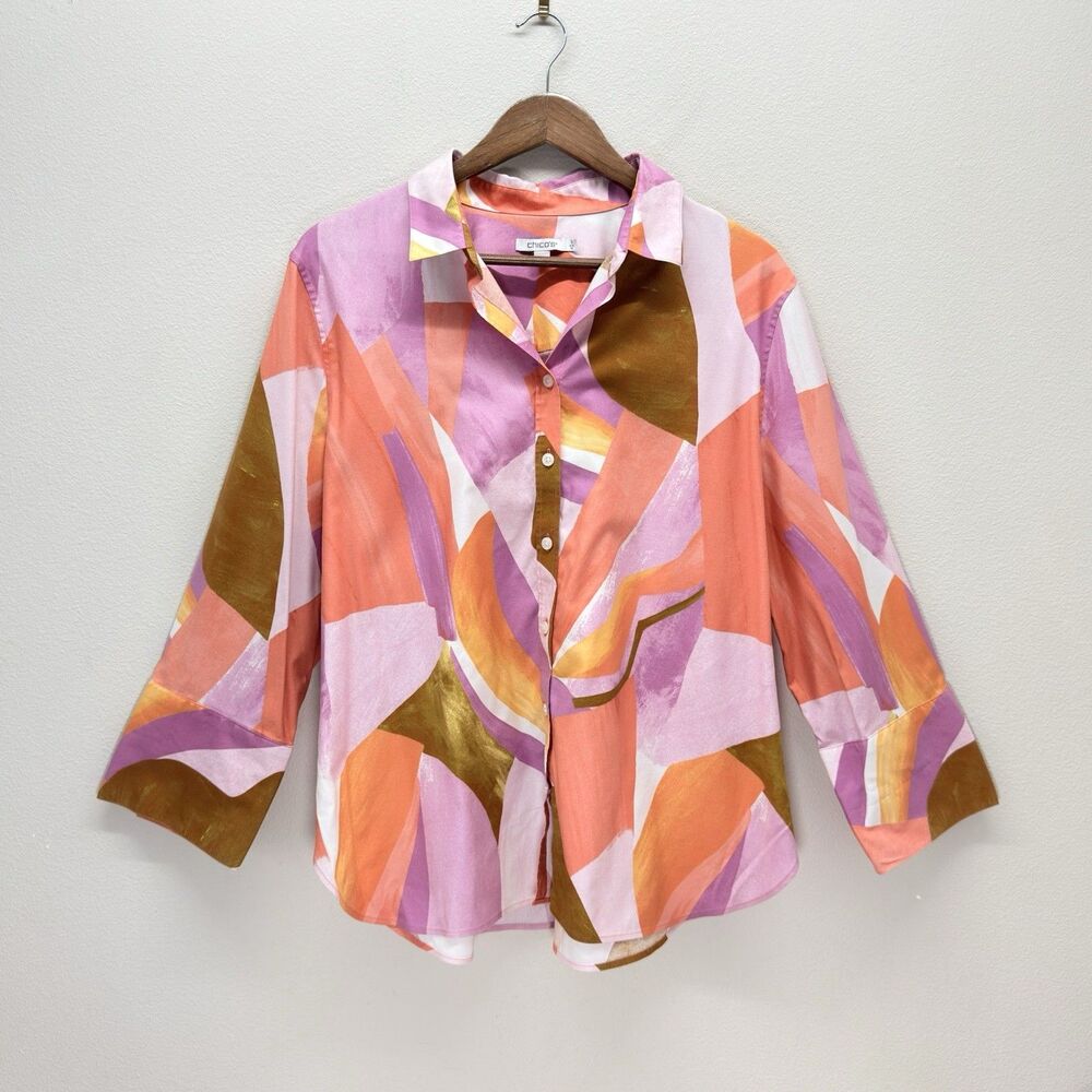 Chicos Abstract Watercolor Button Up Shirt Women Size 16 Quiet Luxury Flowy Airy